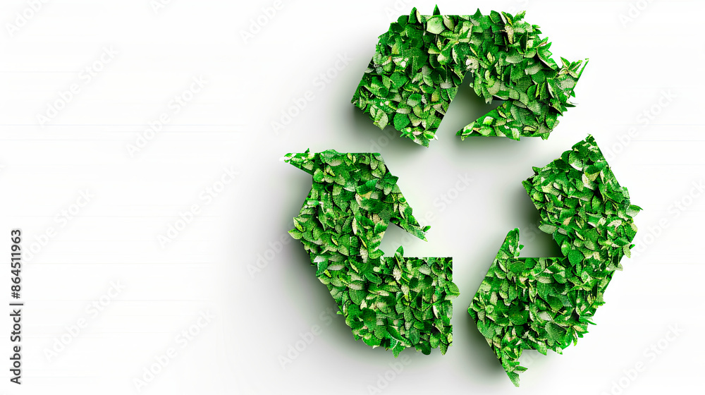 Green recycling symbol made of leaves on a white background. Concept: environmental sustainability and recycling. Ideal for eco-friendly campaigns, environmental awareness, and sustainability business Green recycling symbol made of leaves on a white background. Concept: environmental sustainability and recycling. Ideal for eco-friendly campaigns, environmental awareness, and sustainability business