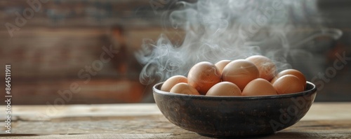 A bowl of steaming hot eggs on a rustic wooden table, cozy and warm atmosphere