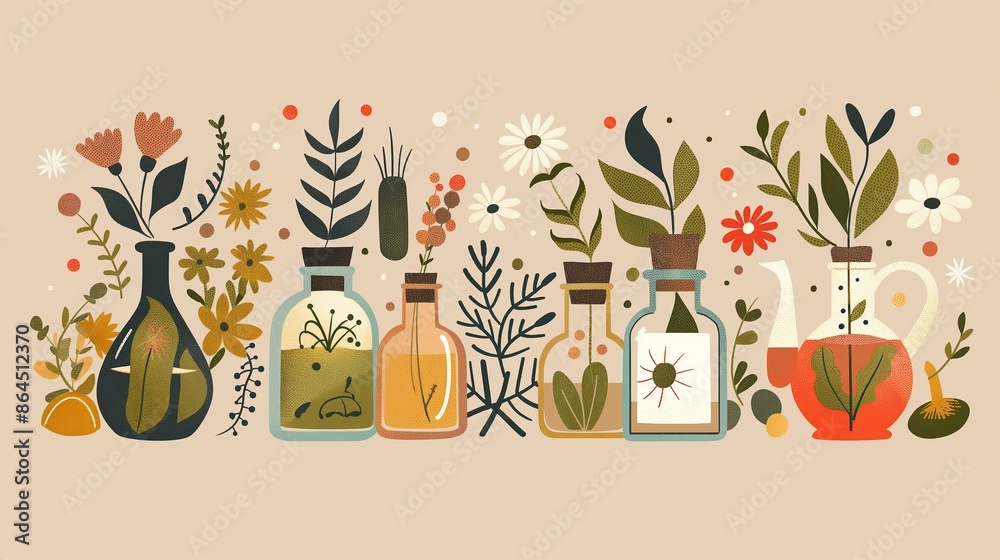 Fototapeta premium Herbal and floral plants in bowls for grinding. Organic natural folk medicine from flower, leaf