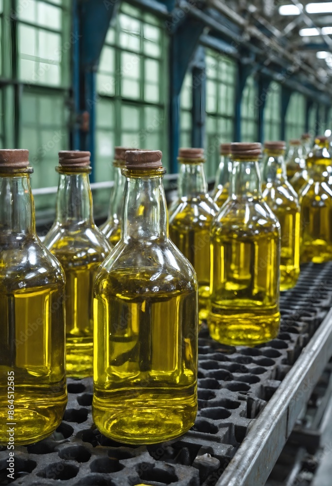 Beverage factory, Conveyor belt with oil in bottles Beverage factory, Conveyor belt with oil in bottles