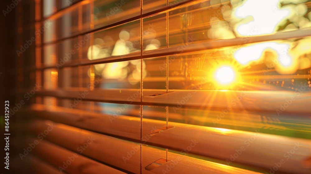 Sunlight streaming through window blinds at sunset, warm golden glow. Tranquility and relaxation concept Sunlight streaming through window blinds at sunset, warm golden glow. Tranquility and relaxation concept