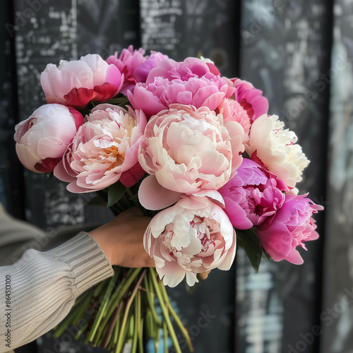 Flower bouquet with peonies in the hands photo