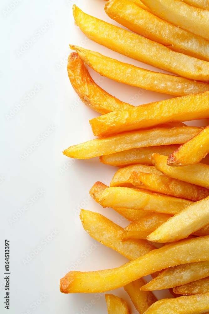 Flat lay of french fries on white vertical background with copy space, top view for food presentation, fast food concept Flat lay of french fries on white vertical background with copy space, top view for food presentation, fast food concept