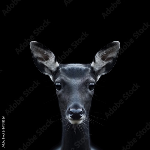 Frontal face portrait of an elegant tufted deer against a black background. photo