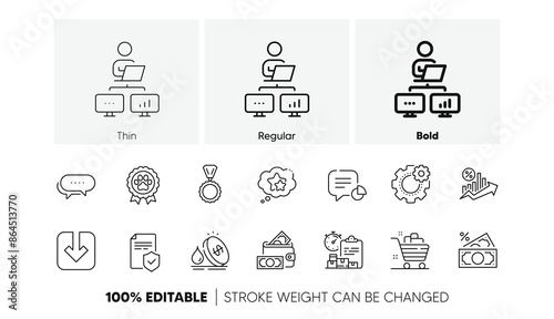 Work home, Grocery basket and Fuel price line icons. Pack of Dog competition, Cogwheel, Medal icon. Dots message, Load document, Money wallet pictogram. Ranking stars, Insurance policy. Vector