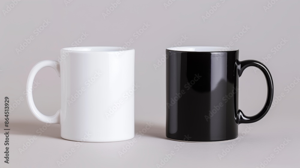 Two classic black and white coffee mugs sitting side by side, perfect for coffee lovers or coffee-themed designs, isolated on grey background Two classic black and white coffee mugs sitting side by side, perfect for coffee lovers or coffee-themed designs, isolated on grey background