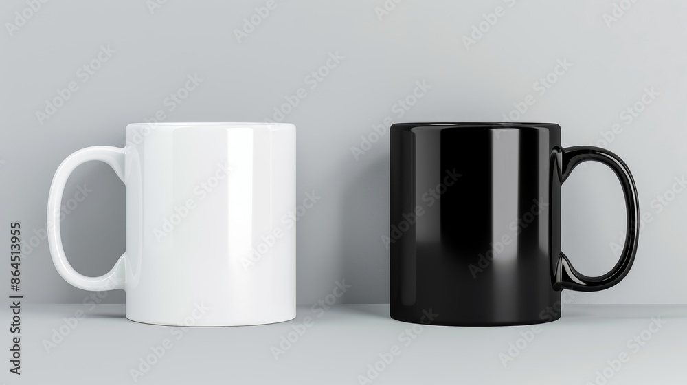 Two classic black and white coffee mugs sitting side by side, perfect for coffee lovers or coffee-themed designs, isolated on grey background Two classic black and white coffee mugs sitting side by side, perfect for coffee lovers or coffee-themed designs, isolated on grey background