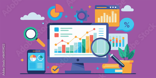 Statistics. Data analysis, focusing on business insights, graph and chart analytics, and statistical concepts. Utilizes digital tools for performance monitoring and analysis, using a magnifier 