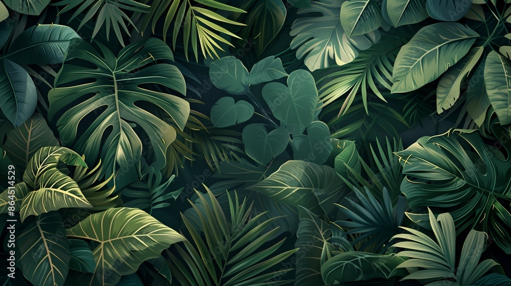 Tropic pattern with palm summer plant in nature. Leaves background green floral, jungle wallpaper exotic seamless. Spring foliage texture design, art print fashion tree Hawaii Tropic pattern with palm summer plant in nature. Leaves background green floral, jungle wallpaper exotic seamless. Spring foliage texture design, art print fashion tree Hawaii