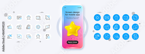 Triangle area, Electronic thermometer and Difficult stress line icons. Phone mockup with 3d star icon. Pack of Work time, Psychology, Coronavirus icon. Vector