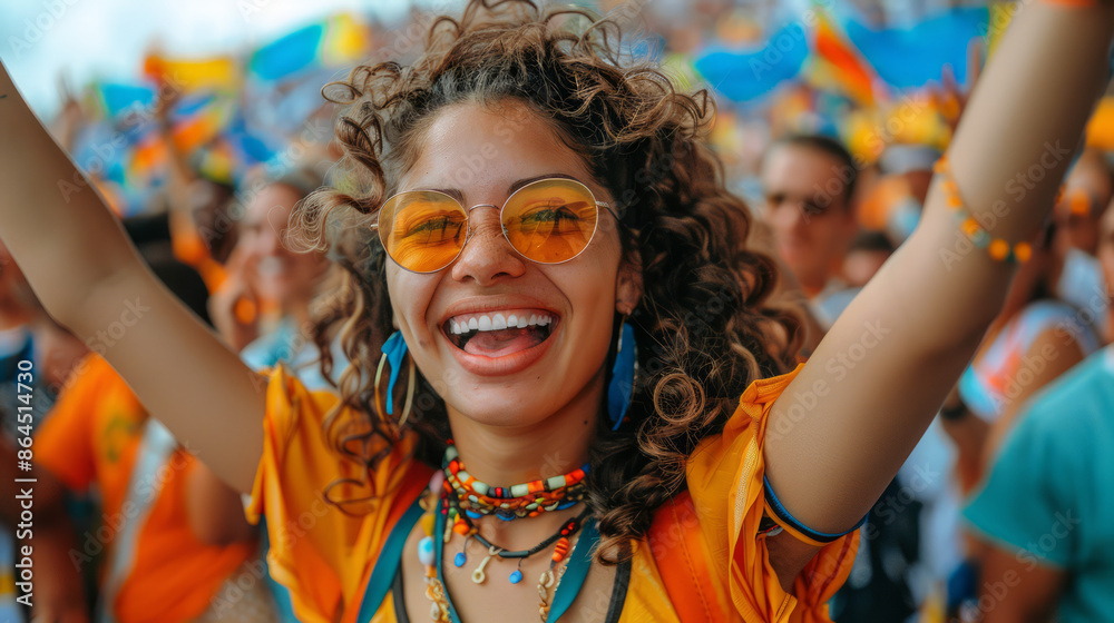 Excited fans shouting in the stands, combined with colorful outfits and happy expressions, create a lively atmosphere Excited fans shouting in the stands, combined with colorful outfits and happy expressions, create a lively atmosphere