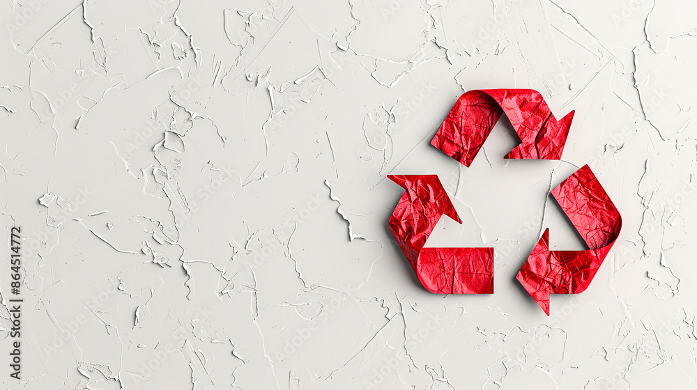 Red recycling symbol made of crumpled paper on a white background. Concept for environmental awareness and recycling. Suitable for eco-friendly businesses and campaigns promoting recycling practices