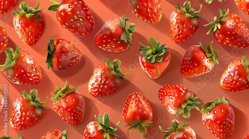 A seamless pattern of realistic strawberries on a pink background. The strawberries are rendered in 3D and have a glossy, wet appearance. photo