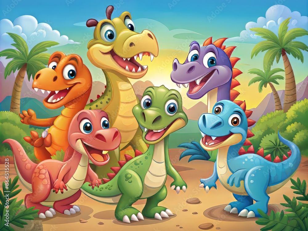 Fototapeta premium Colorful and playful vector illustration of six happy cartoon dinosaur characters, showcasing different species and unique facial expressions in a fun, prehistoric setting.