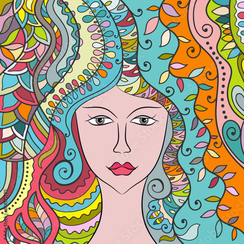 Beautiful fashion woman with abstract long hair. Hand drawn face. Colorful doodle cartoon illustration. Spring, summer girl, fantasy folk art