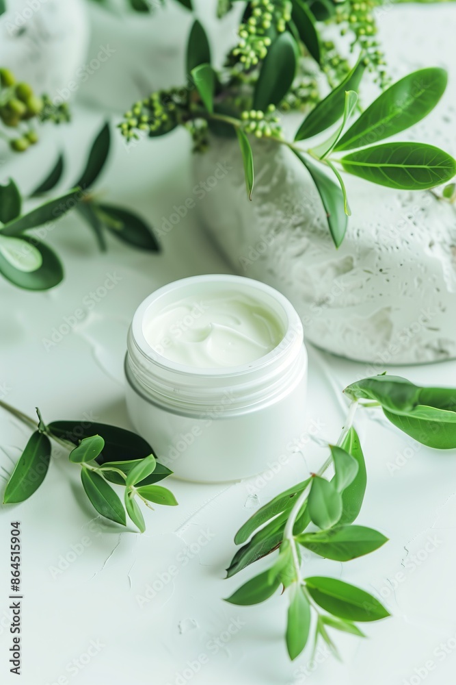 open jar of creamy skincare product, placed on a white surface with fresh green leaves around it open jar of creamy skincare product, placed on a white surface with fresh green leaves around it