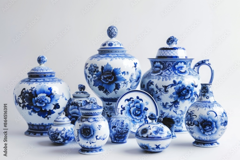 Gzhel. Assortment of blue and white porcelain jars, vases, and pitchers with floral designs. Studio shot of traditional ceramic art. Generative AI Gzhel. Assortment of blue and white porcelain jars, vases, and pitchers with floral designs. Studio shot of traditional ceramic art. Generative AI