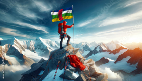 An climber conquers a towering peak, planting the Central African Republic flag as a testament to human ambition and national pride. photo