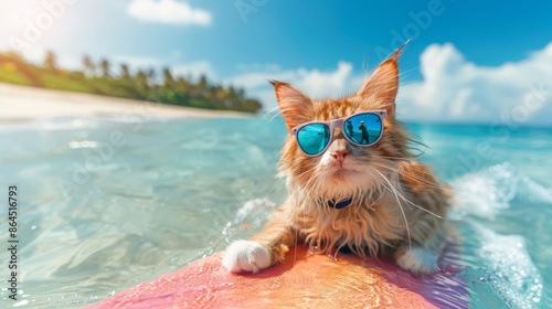 Red cat wearing life vest and trendy mirrored sunglasses surfing on massive ocean wave, animal and vacation concept, banner, empty space © Anzhela