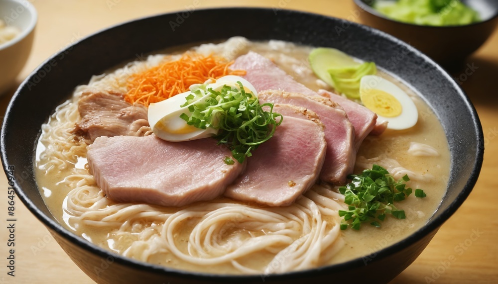 A bowl of warmth: tender duck and udon noodles in a creamy broth A bowl of warmth: tender duck and udon noodles in a creamy broth
