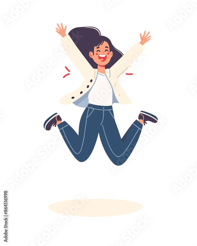 girl happy jumping in air celebrating a grand prize raffle win vector art isolated on a white background 