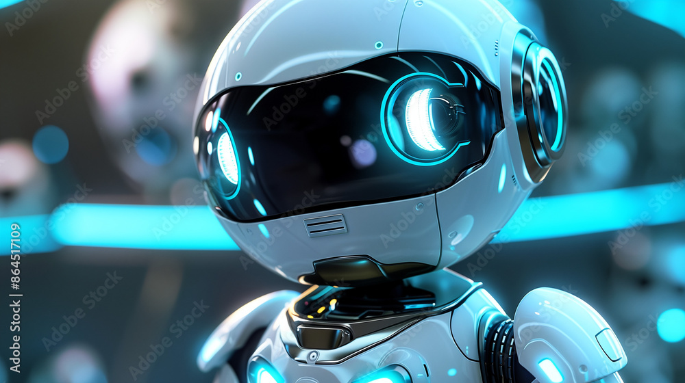 Close-up of a cute futuristic robot with glowing blue eyes. Close-up of a cute futuristic robot with glowing blue eyes.