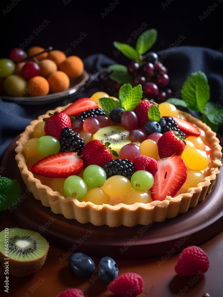 Vibrant Mixed Fruit Tart with Kiwi, Berries, and Peach Glaze. Vibrant Mixed Fruit Tart with Kiwi, Berries, and Peach Glaze.