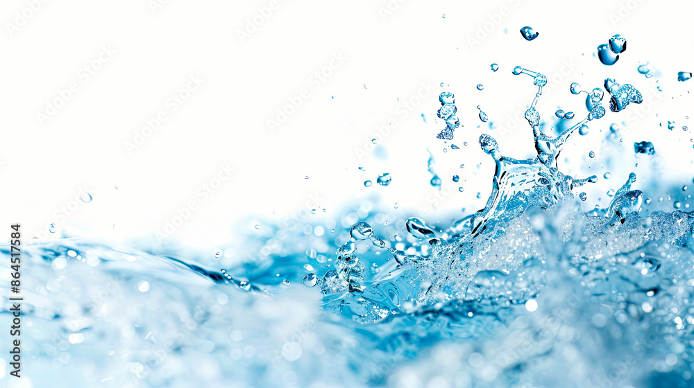 A dynamic splash of blue water on a white background. Ideal for concepts of purity, freshness, and hydration. Perfect for advertising beverages, health products, and eco-friendly campaigns. Copy space A dynamic splash of blue water on a white background. Ideal for concepts of purity, freshness, and hydration. Perfect for advertising beverages, health products, and eco-friendly campaigns. Copy space