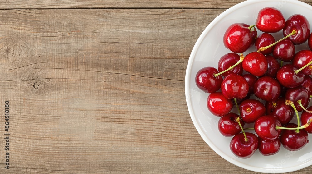 A close-up image of a plate of fresh red cherries on a rustic wooden table A close-up image of a plate of fresh red cherries on a rustic wooden table