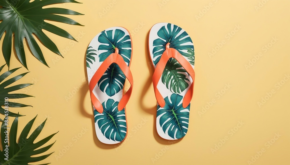 men's flip flops with tropical print, advertising shot, copy space for text
men's flip flops with tropical print, advertising shot, copy space for text
