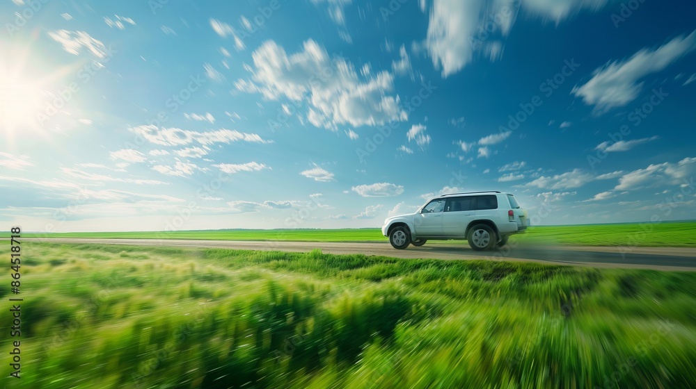 White SUV driving on a rural road under a blue sky with fluffy clouds. Capture the essence of freedom and adventure on a bright sunny day. White SUV driving on a rural road under a blue sky with fluffy clouds. Capture the essence of freedom and adventure on a bright sunny day.