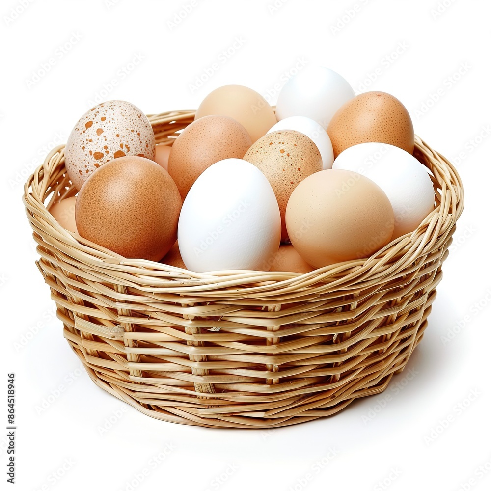 Close Up of a straw basket containing brown and white eggs isolated on white background generative ai image Close Up of a straw basket containing brown and white eggs isolated on white background generative ai image