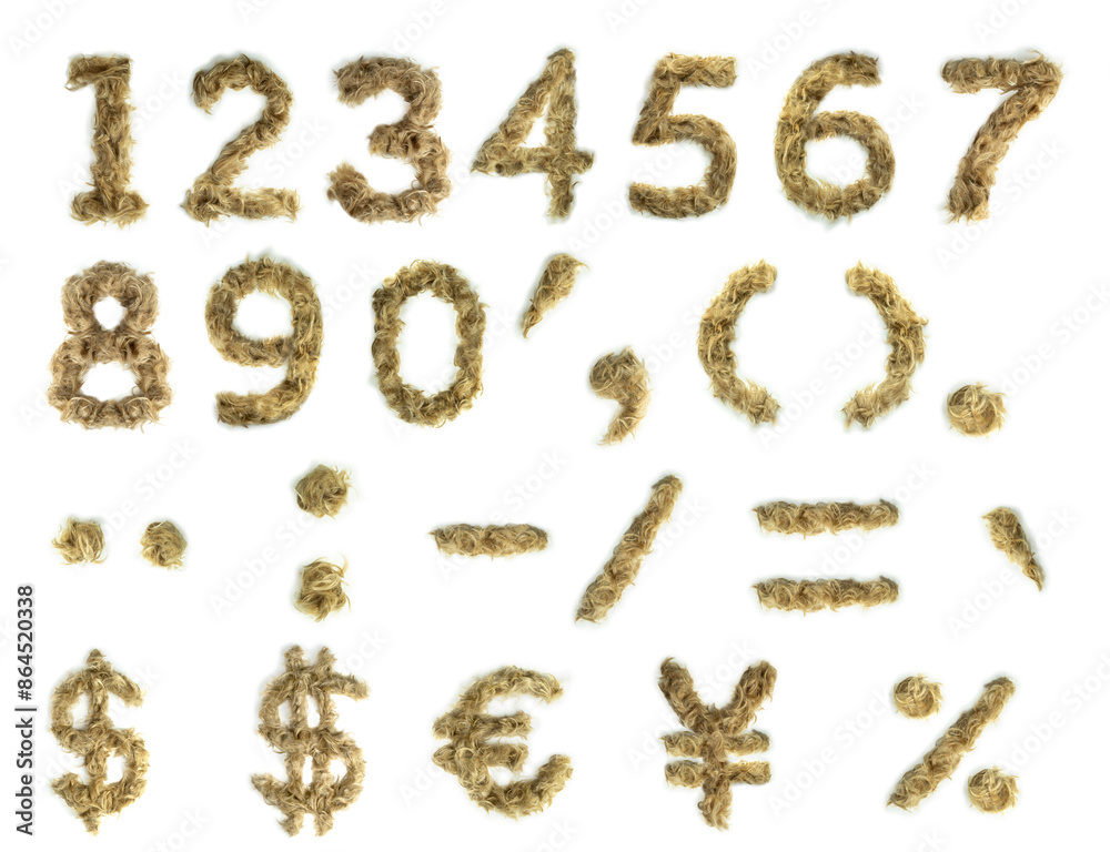 Creative typography made with real dog hair. Blonde hair on white background Dogs, cats, pets, monsters and other furry animals. Complete alphabet. Small numbers symbols and signs Creative typography made with real dog hair. Blonde hair on white background Dogs, cats, pets, monsters and other furry animals. Complete alphabet. Small numbers symbols and signs