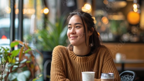 A content woman is happily sipping a warm drink in a cozy cafe adorned with ambient lighting and houseplants AIG58 photo