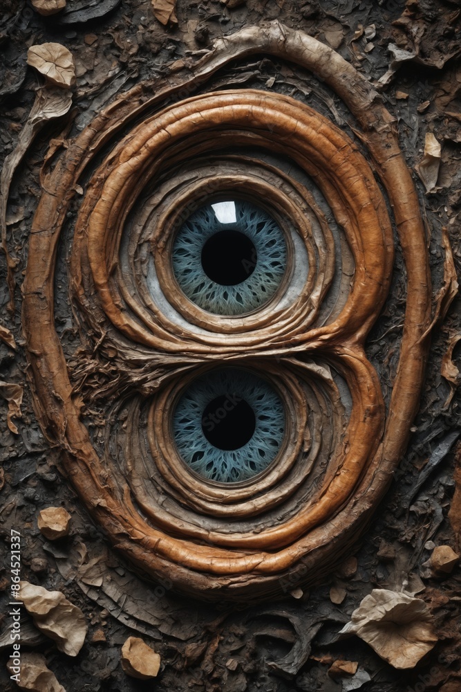 The ancient forests watchful gaze: two blue eyes emerge from twisted bark The ancient forests watchful gaze: two blue eyes emerge from twisted bark