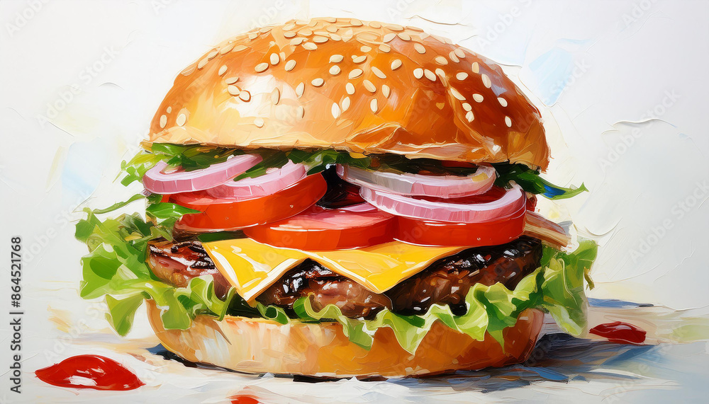 Oil painting of juicy burger. Rich textures, bold brush strokes. Tasty fast food. White backdrop. Oil painting of juicy burger. Rich textures, bold brush strokes. Tasty fast food. White backdrop.