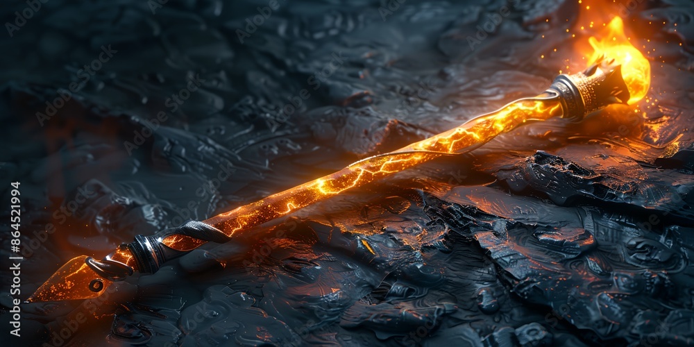 Naklejka premium A glowing, fiery staff is on a rocky surface. The image has a dark, ominous mood, with the fire and the rocky terrain creating a sense of danger and mystery