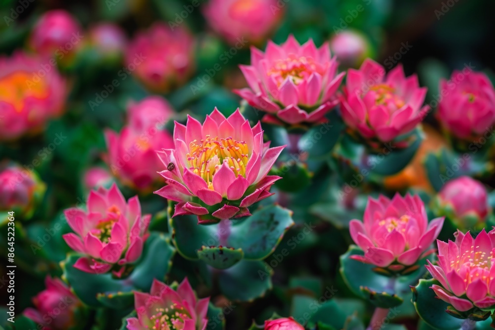 Fototapeta premium Photograph of Rhodiola rosea with vibrant pink flowers and green leaves. Ayurveda. Ayurvedic herbs. Generative AI