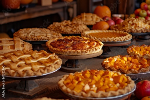 a table topped with lots of pies and pie pans, festive array of pumpkin and apple pies lining a long wooden table