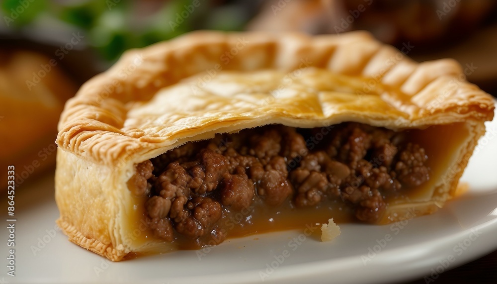 A closeup view of an appetizing slice of meat pie, with its flaky crust still intact. The savory filling is visible through the pastry, making this a delicious treat to enjoy. A closeup view of an appetizing slice of meat pie, with its flaky crust still intact. The savory filling is visible through the pastry, making this a delicious treat to enjoy.