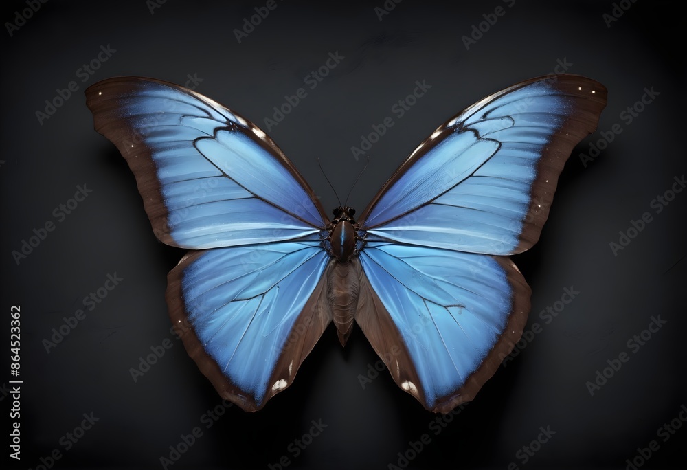 Obraz premium Blue morpho type butterfly on dark surface, black background