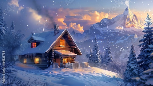 A cozy cabin nestled in a snowy mountain landscape. The cabin is surrounded by snow-covered trees and mountains, and a light snow is falling.