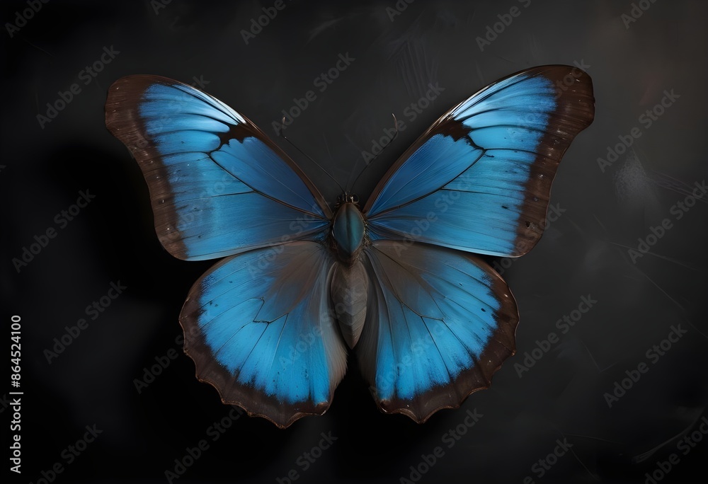 Fototapeta premium Blue butterfly on dark surface, black background