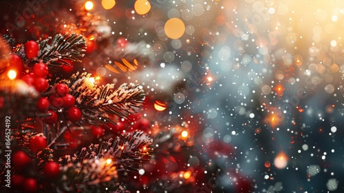 Christmas decorations covered with snow and surrounded by warm lights create an enchanting, festive atmosphere. The image captures the essence of holiday joy and warmth.
