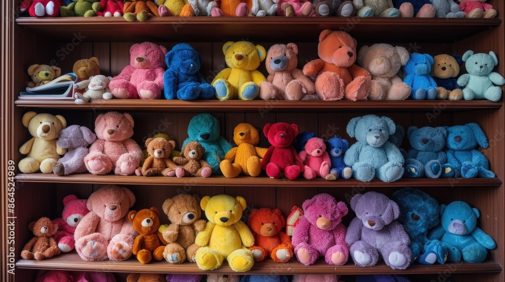 a shelf full of stuffed animals in a room, Colorful stuffed animals on a bookshelf a shelf full of stuffed animals in a room, Colorful stuffed animals on a bookshelf