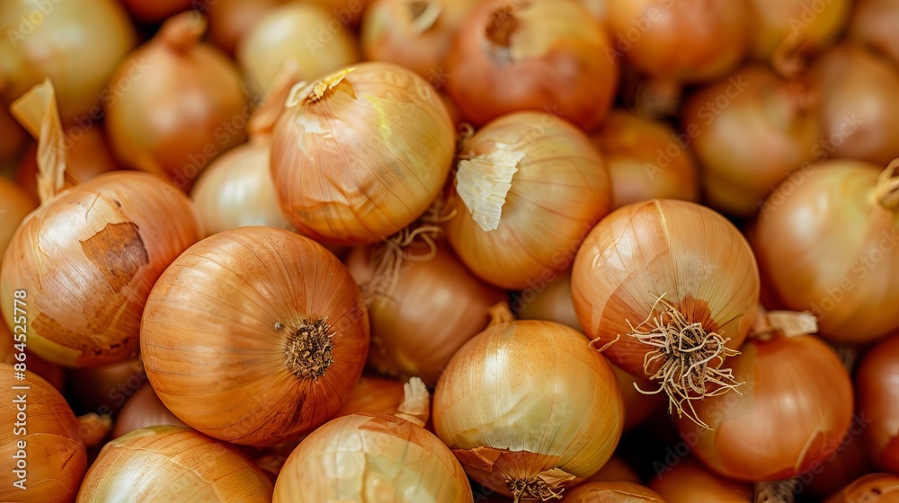Fresh and organic onions piled up close up. These yellow onions are perfect for cooking and adding flavor to dishes. Ideal for food photography, culinary blogs, or nutrition articles. AI Fresh and organic onions piled up close up. These yellow onions are perfect for cooking and adding flavor to dishes. Ideal for food photography, culinary blogs, or nutrition articles. AI