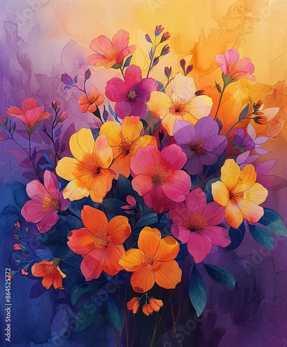 Beautiful Watercolor Bouquet of Witch Hazel (Hamamelis virginiana) Flowers Depicted in Pastel Shades of Alcohol and Ink