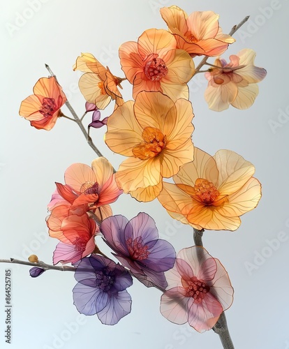 Beautiful Watercolor Bouquet of Witch Hazel (Hamamelis virginiana) Flowers Depicted in Pastel Shades of Alcohol and Ink