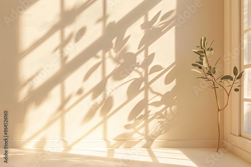 Light And Shadow On A Beige Wall With A Plant By The Window photo