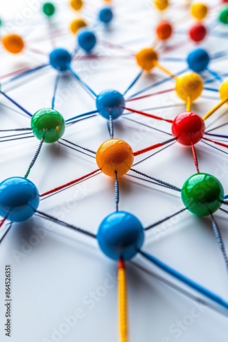 Abstract polygonal background with connected colored dots and lines. Minimalistic geometric pattern. Desktop wallpaper.